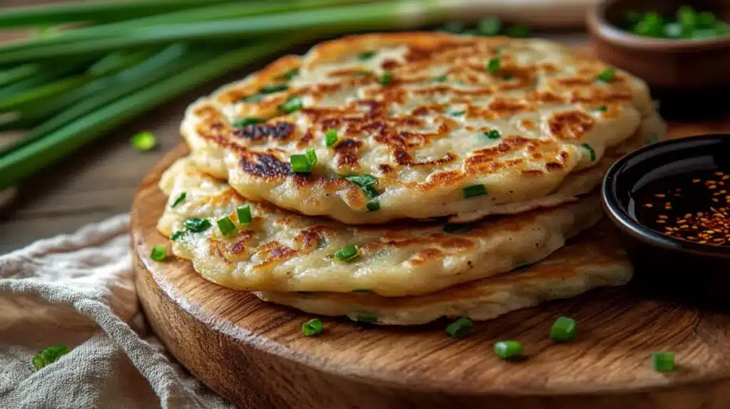 Trader Joe's Scallion Pancakes served with soy sauce and chili oil on a rustic wooden board