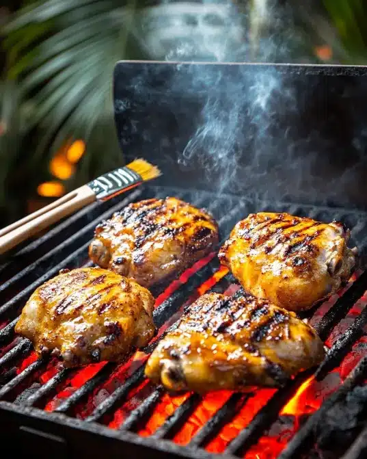 Pulehu chicken grilling over hot coals with visible char marks and smoke