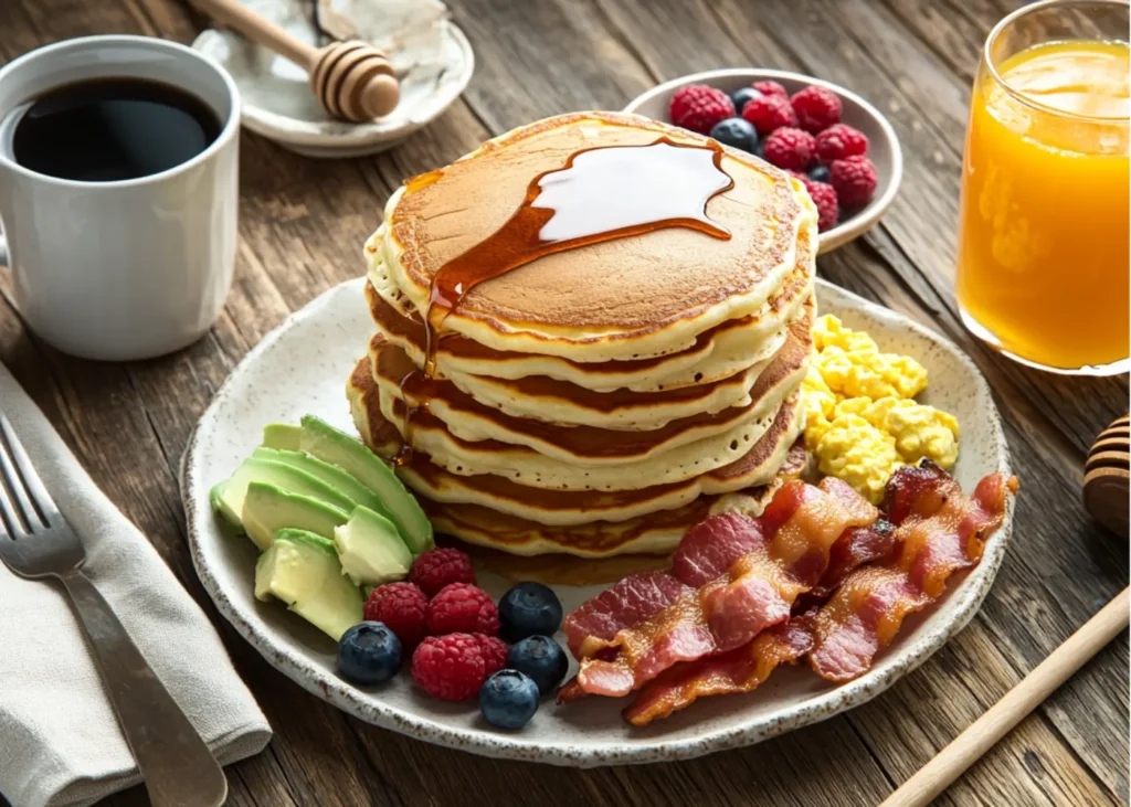 Top-down shot of a breakfast spread with Pancakes and Eggs, bacon, and fruit
