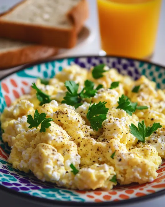 Scrambled eggs with cottage cheese garnished with parsley.