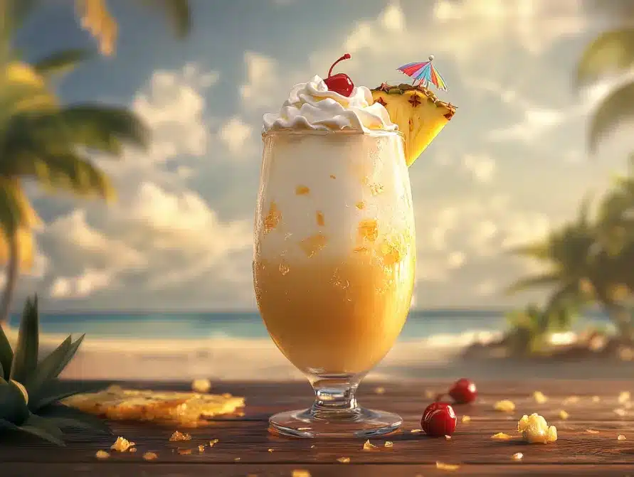 Virgin Island Piña Colada in a tall glass, topped with whipped cream, pineapple, and a cherry, with a beach scene background.