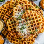 Waffle fries topped with Parmesan, served with chipotle mayo, garlic aioli, and honey mustard on a serving platter