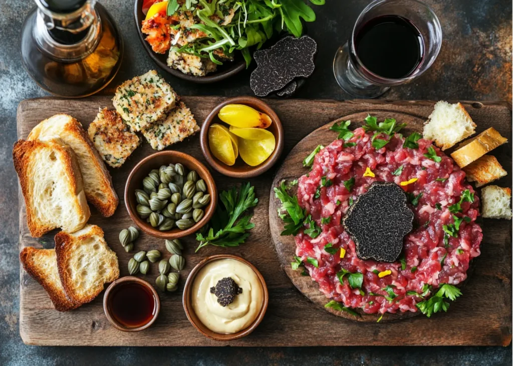 A gourmet pairing board featuring Wagyu beef tartare, wine, and accompaniments