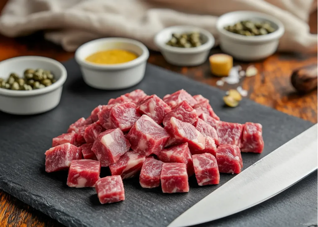 Freshly diced Wagyu beef on a cutting board, prepped for Wagyu beef tartare	