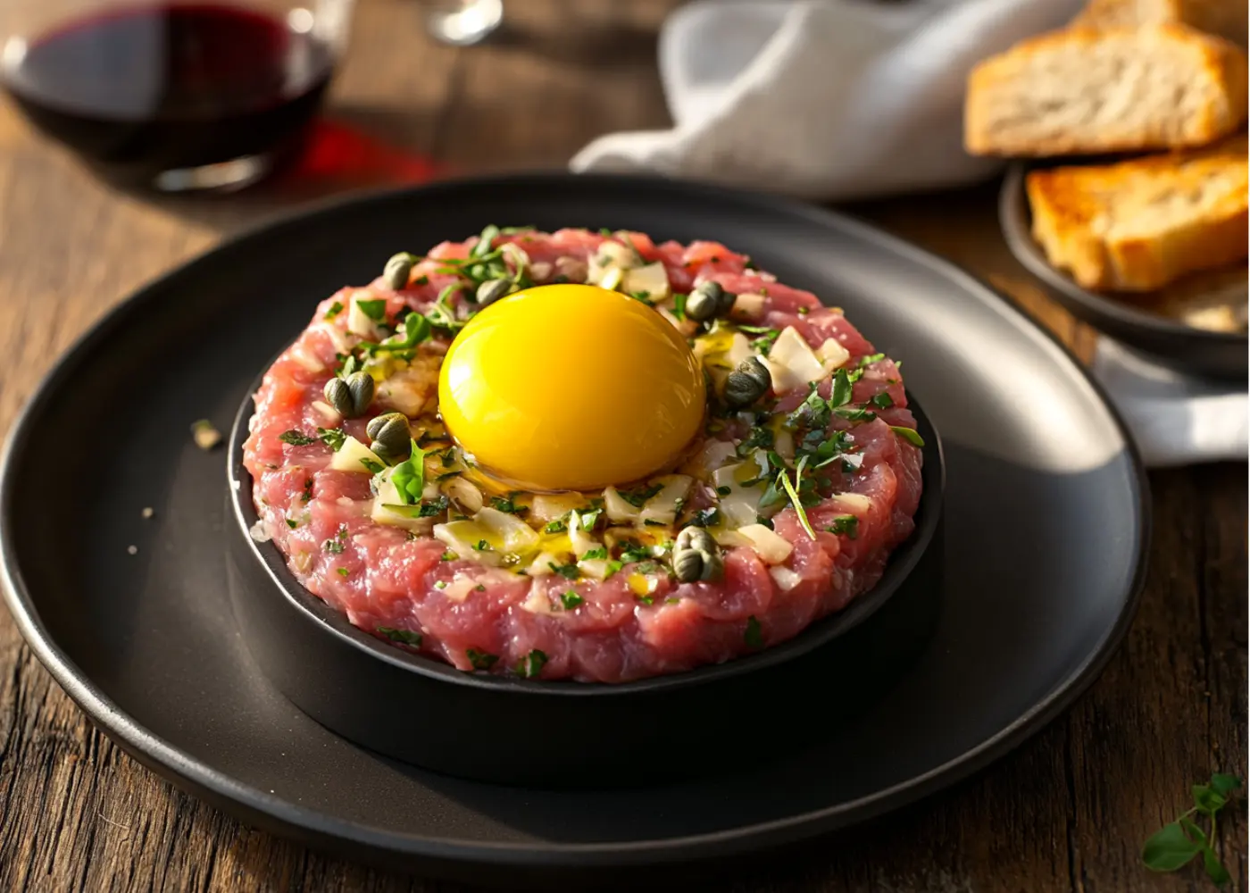 A plated Wagyu beef tartare with an egg yolk on top, garnished with capers and microgreens