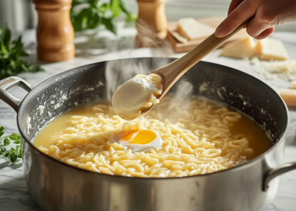 Close-up of pastina being stirred into hot broth with egg.