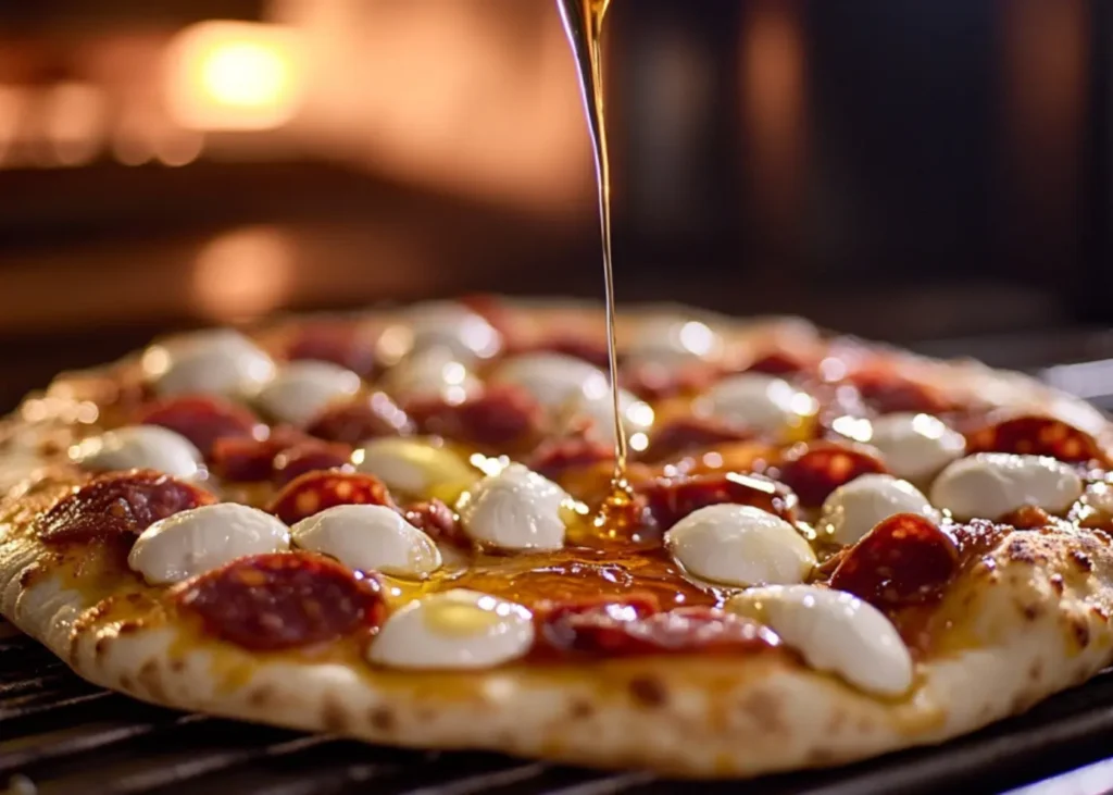 Honey Stung Pizza baking with bubbling cheese and caramelized soppressata.