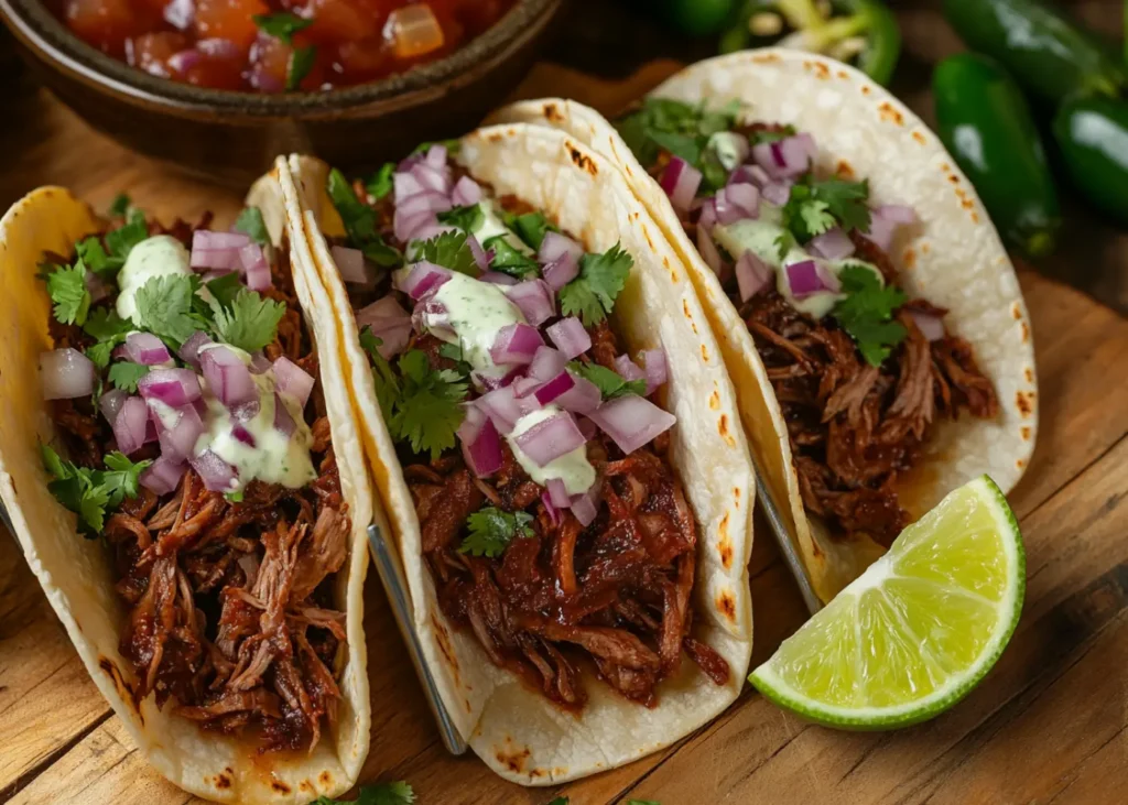 Beef cheek meat tacos topped with onions, cilantro, and lime crema
