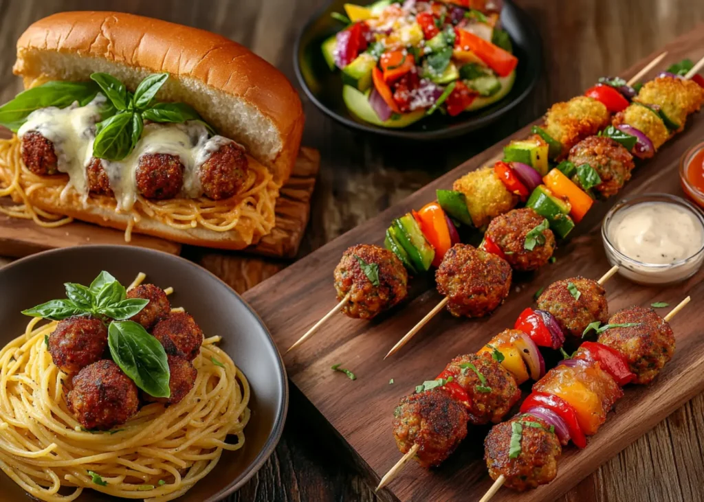 Different serving ideas for Best Frozen Meatballs: spaghetti, subs, skewers, and appetizers
