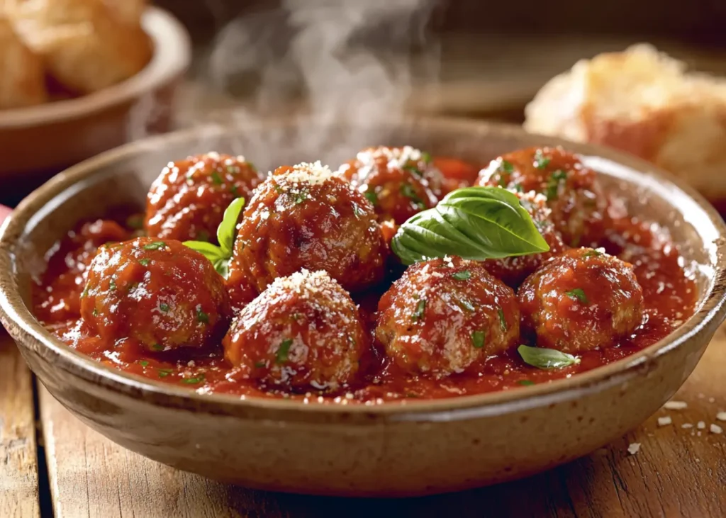 Best Frozen Meatballs in rich marinara sauce with basil and parmesan