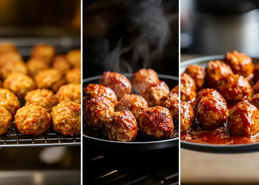 Best Frozen Meatballs being cooked in an oven, slow cooker, and air fryer
