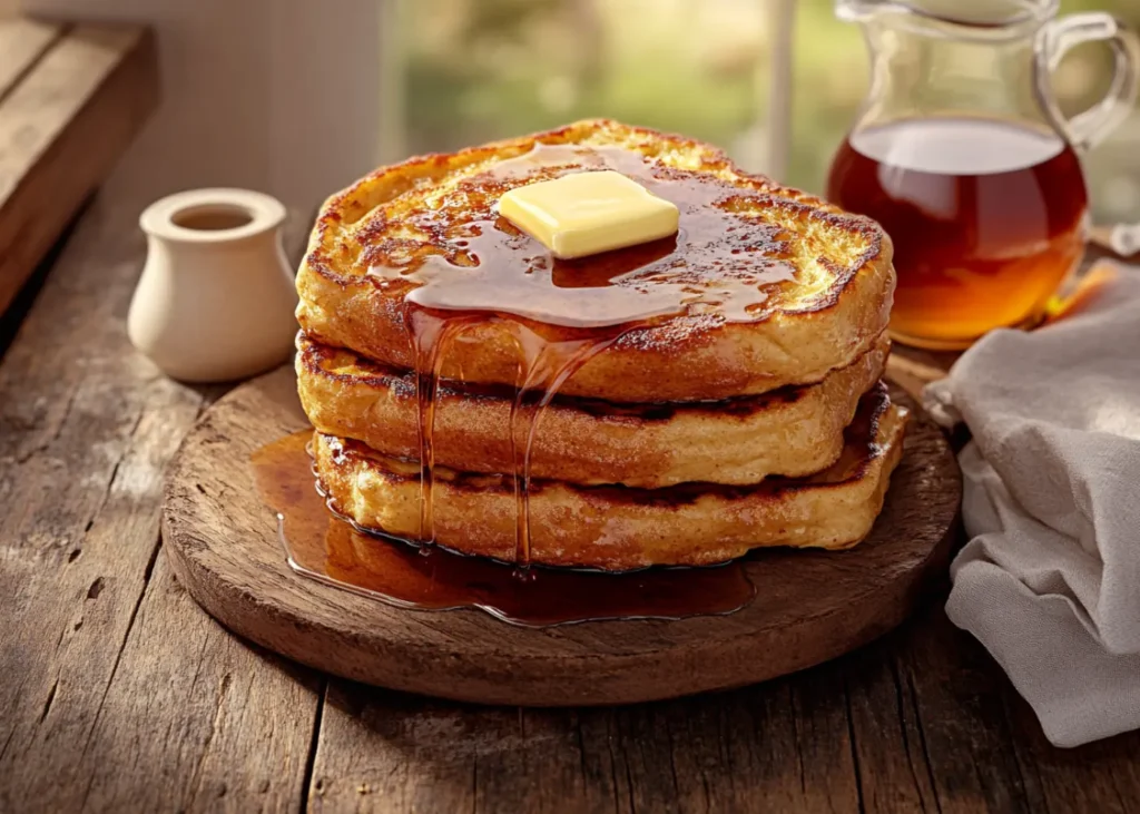 Sourdough French toast with maple syrup and butter on a plate