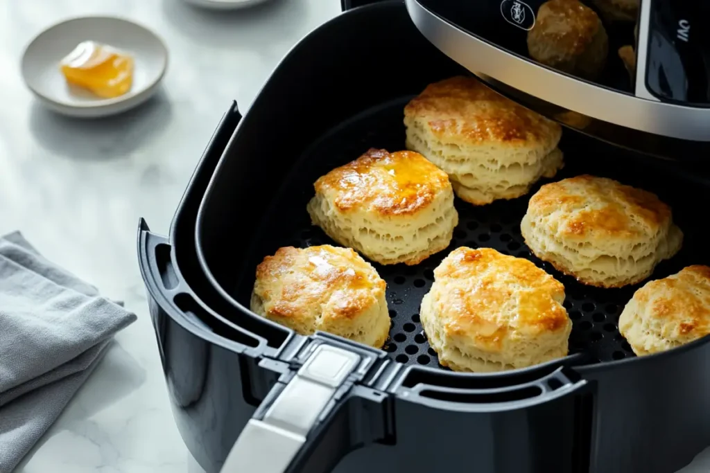 Golden biscuits cooking inside an air fryer basket with visible layers and crispy tops, flipped with tongs for even cooking in a clean and minimal kitchen environment.