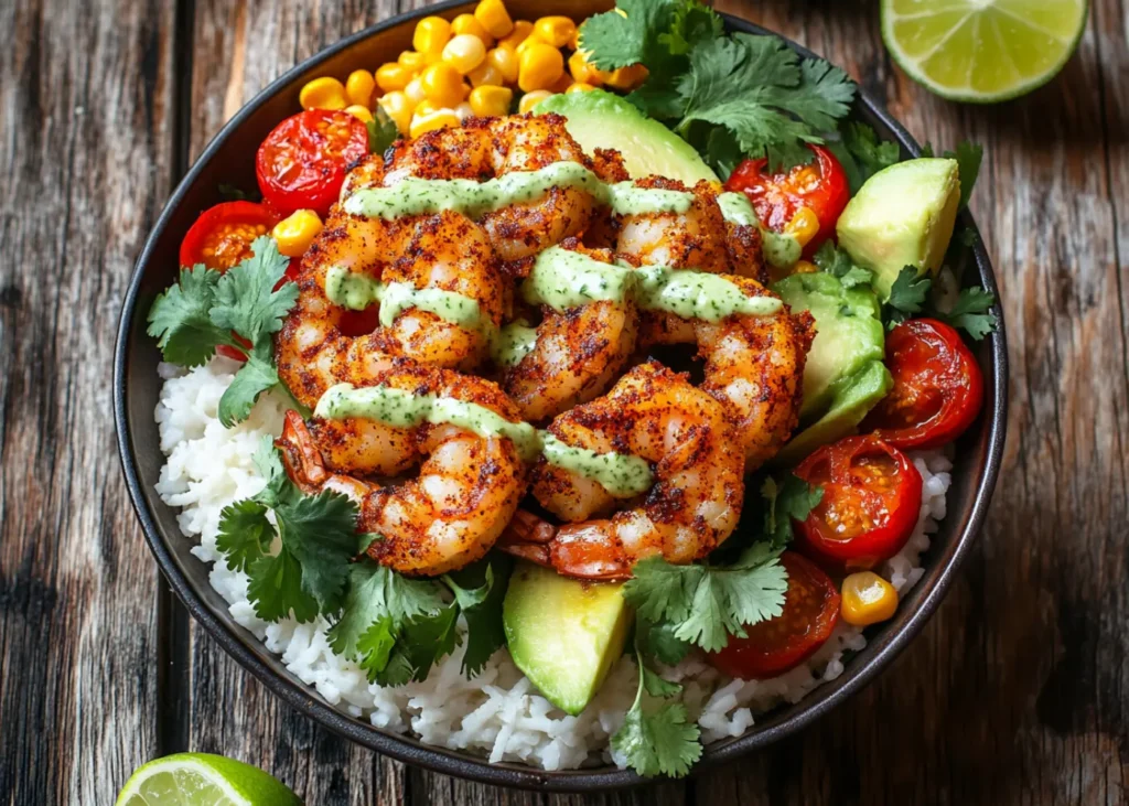 Blackened shrimp bowl with avocado, rice, and lime