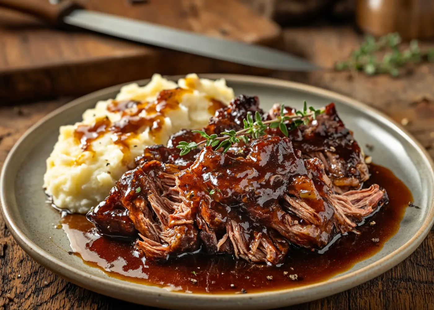 Braised beef cheek meat served with sauce and mashed potatoes
