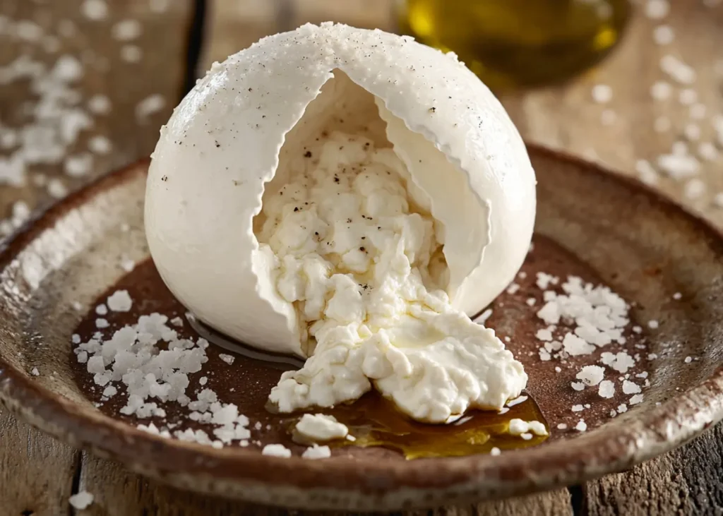 Close-up of burrata cheese being cut open, showing the creamy stracciatella filling.