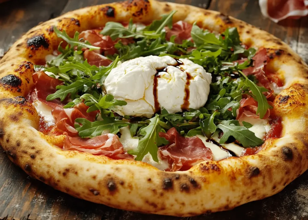 A gourmet pizza topped with burrata cheese, prosciutto, and arugula.