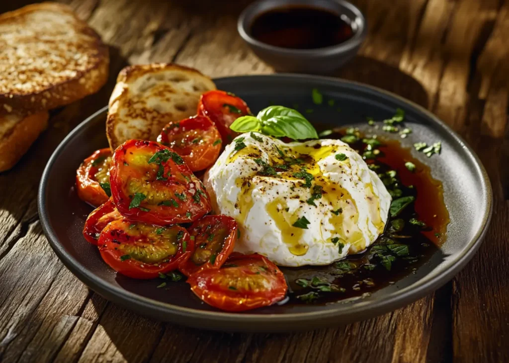 A plate of burrata cheese with heirloom tomatoes, olive oil, and fresh basil.