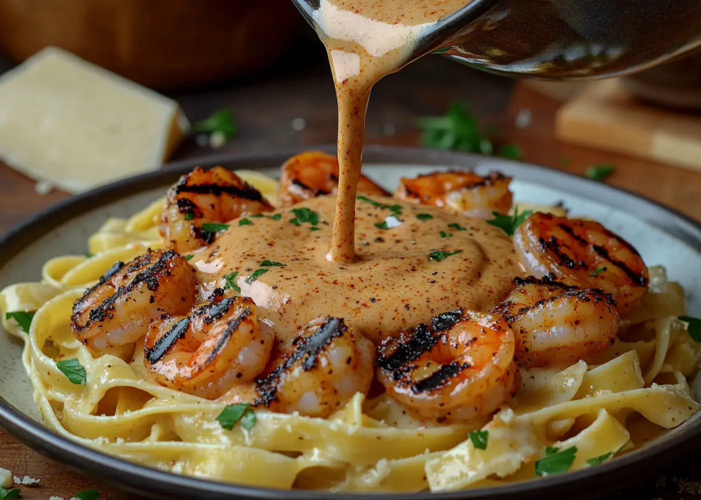 A creamy Cajun Alfredo sauce poured over fettuccine pasta with shrimp and parsley