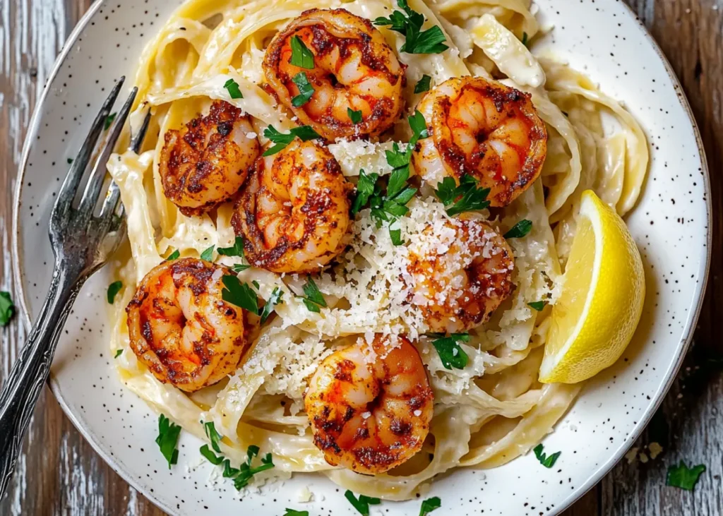 Cajun shrimp Alfredo pasta with rich, creamy sauce and grilled shrimp
