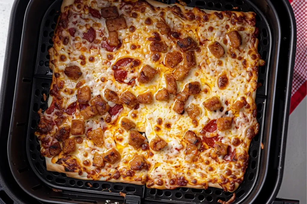 Halfway cooked Totino’s pizza Air Fryer being checked and rotated