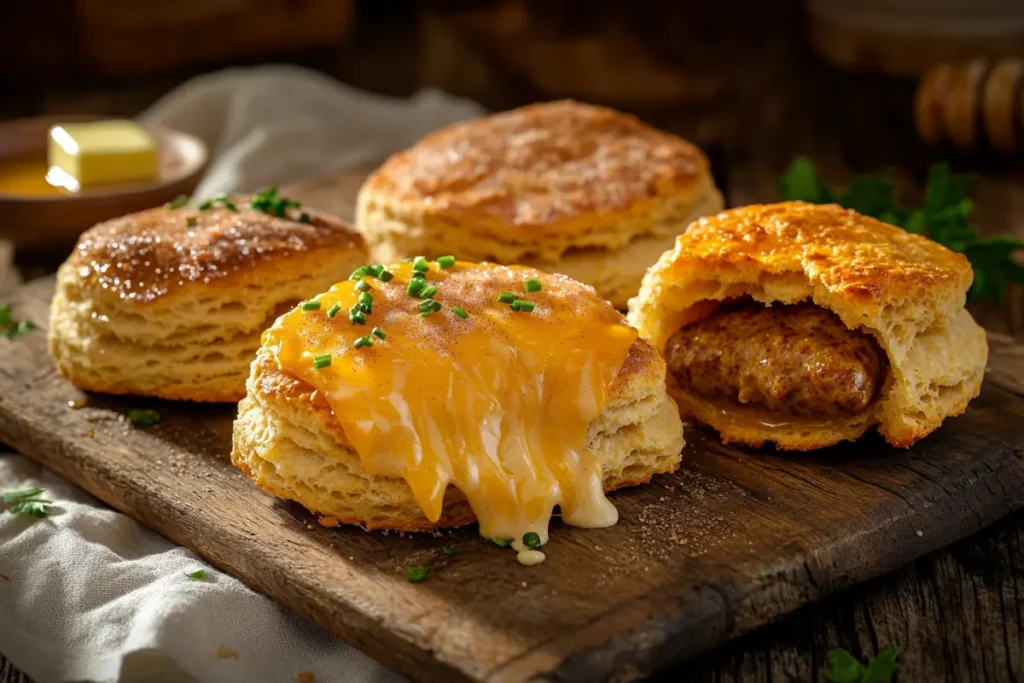 Three types of air-fried biscuits: cheddar, sweet, and sausage-stuffed, displayed on a wooden board
