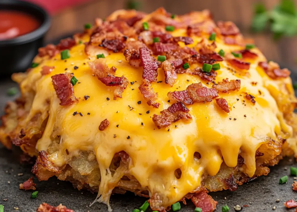 Cheesy air fryer hash browns topped with crispy bacon bits