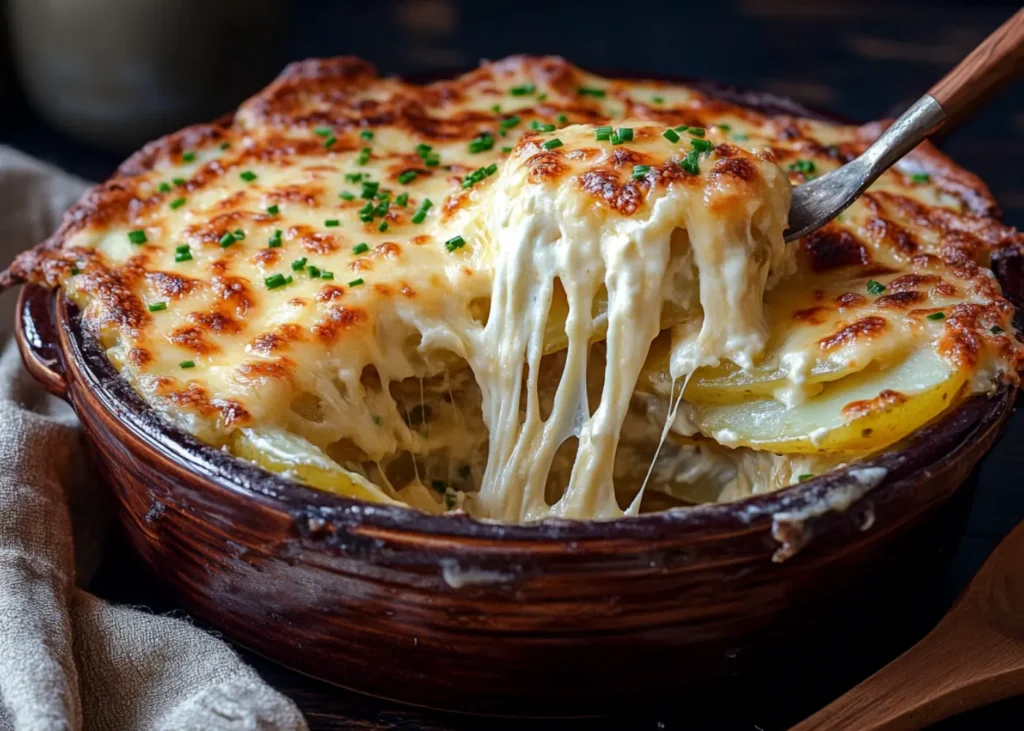 Cheesy smothered potatoes in a bubbling casserole dish
