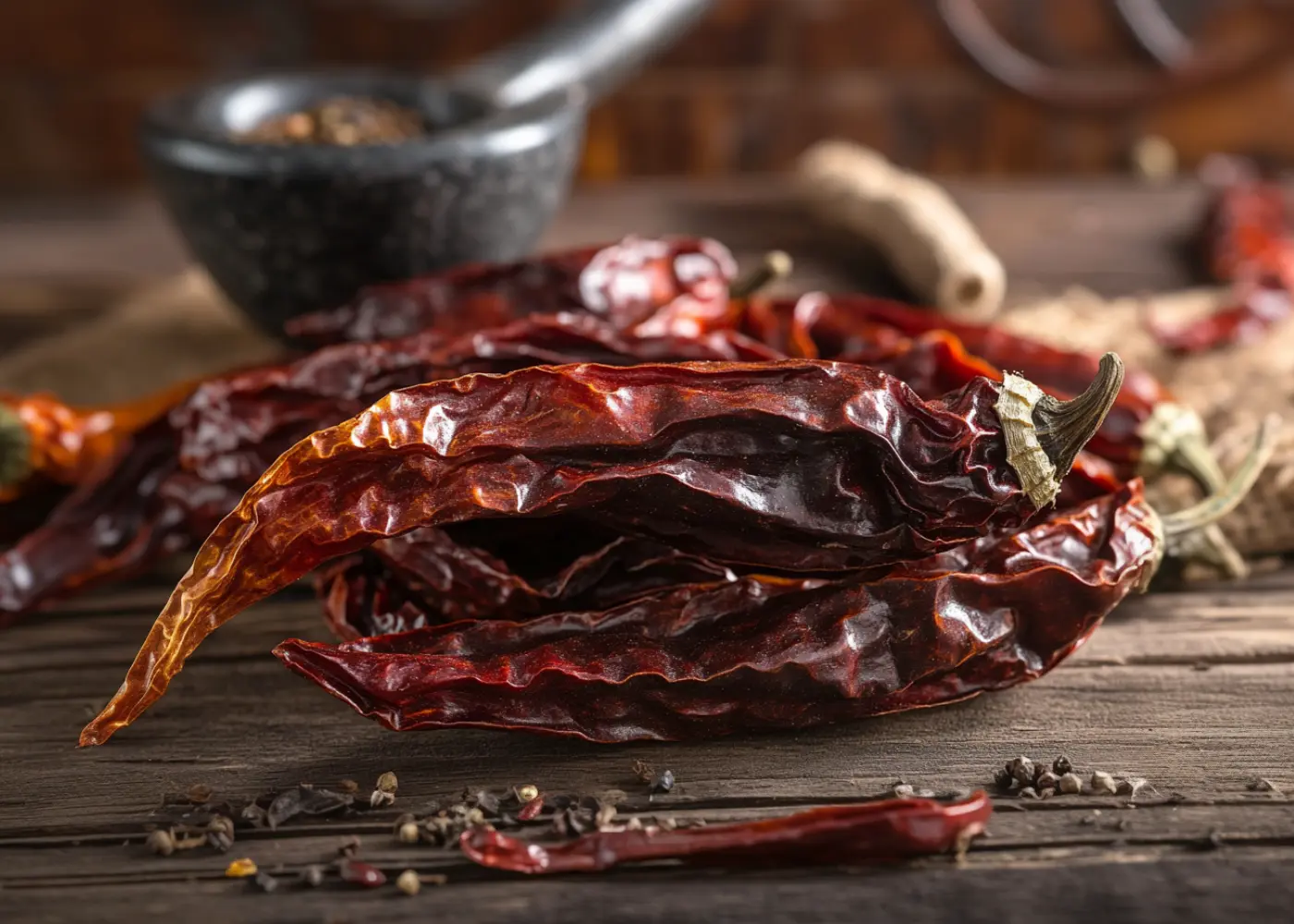 Dried Chile Morita peppers with a smoky texture and deep red color