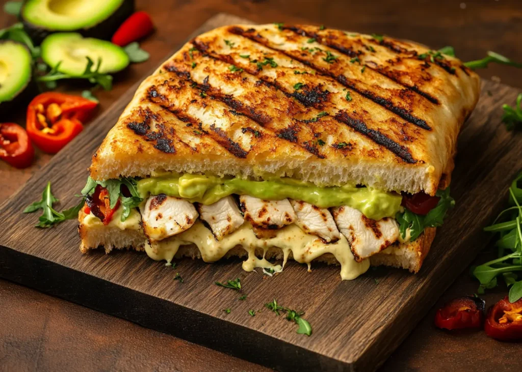 Chipotle Chicken Avocado Melt with grilled chicken, creamy avocado, and melted gouda cheese