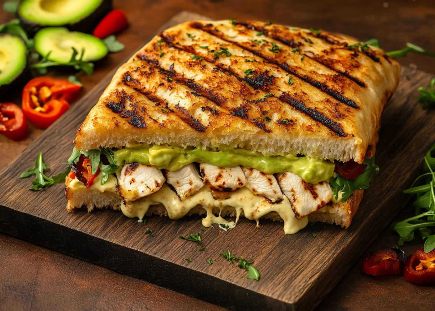 Chipotle Chicken Avocado Melt with grilled chicken, creamy avocado, and melted gouda cheese