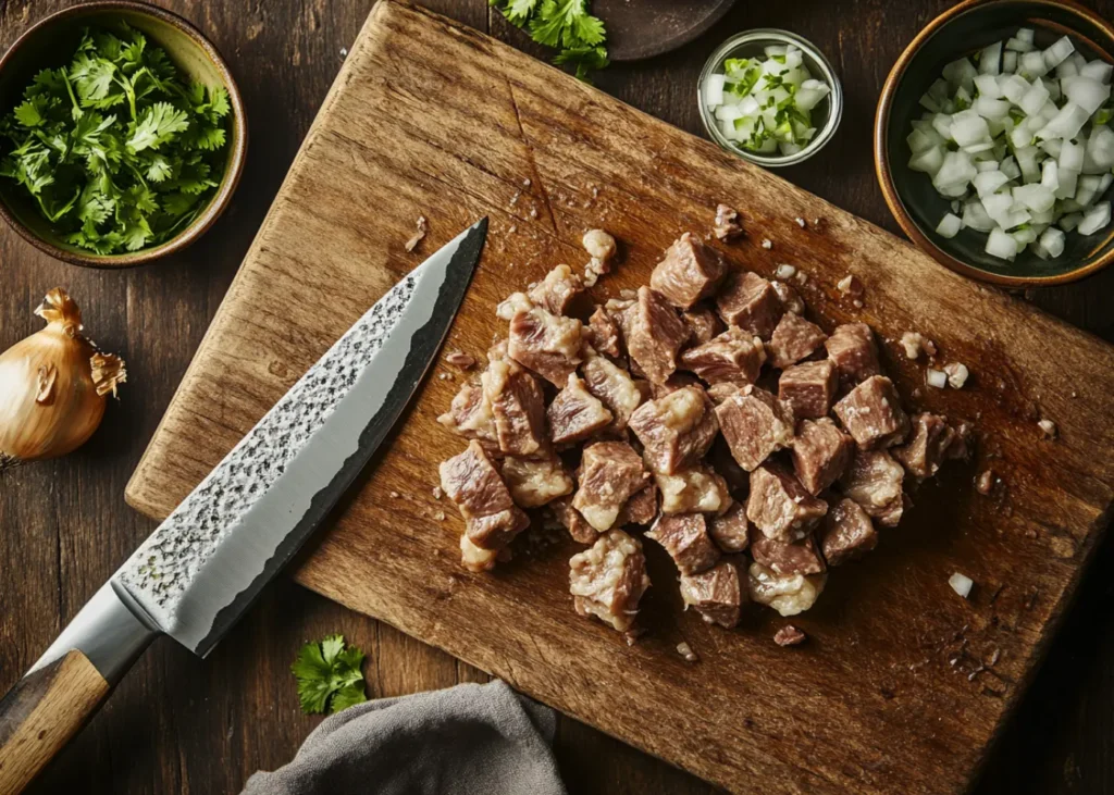 Finely diced beef tongue for tacos de lengua on a wooden board
