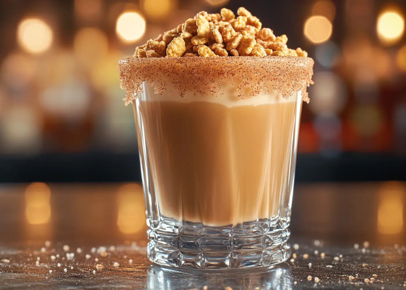 Close-up of a Cinnamon Toast Crunch Shot with a cinnamon sugar rim and cereal garnish