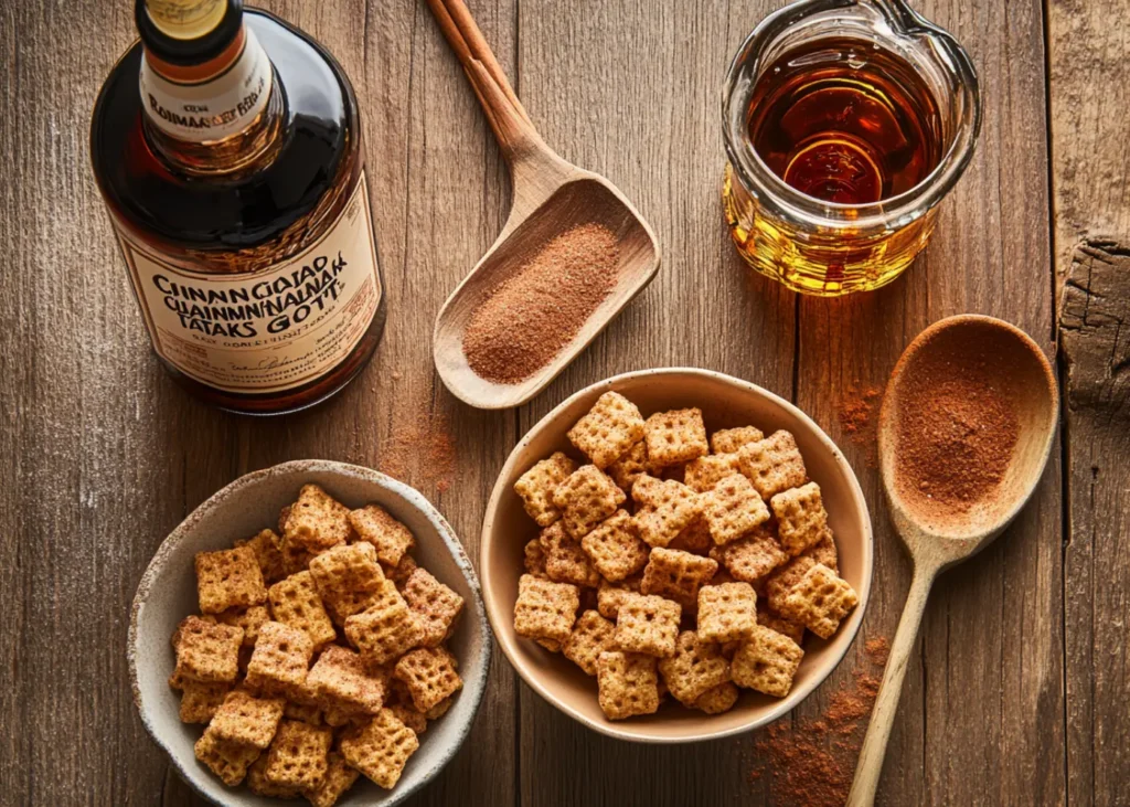 Flat-lay of Cinnamon Toast Crunch Shot ingredients, including RumChata, Fireball whiskey, and cinnamon sugar