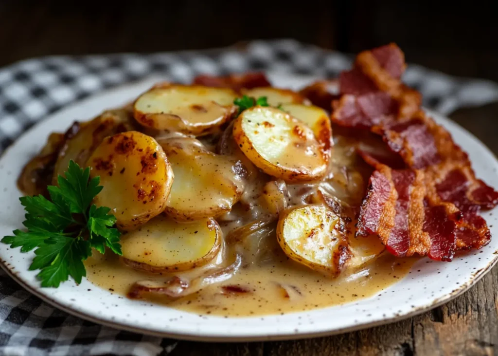 Classic smothered potatoes served on a plate with crispy bacon