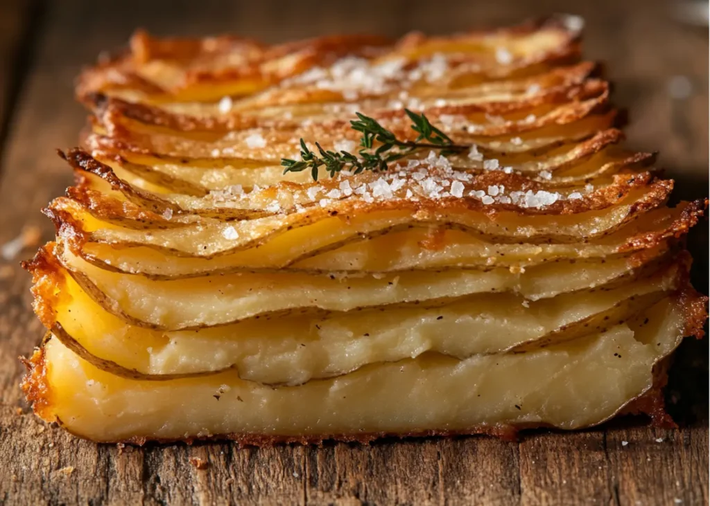 A close-up shot of sliced potato terrine, showing delicate layers and crispy golden top.
