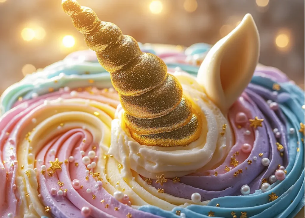 Close-up shot of a unicorn cake horn with swirled pastel buttercream mane.
