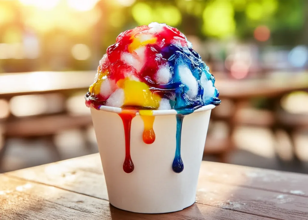 Vibrant Snow Cone Syrup drizzled over ice