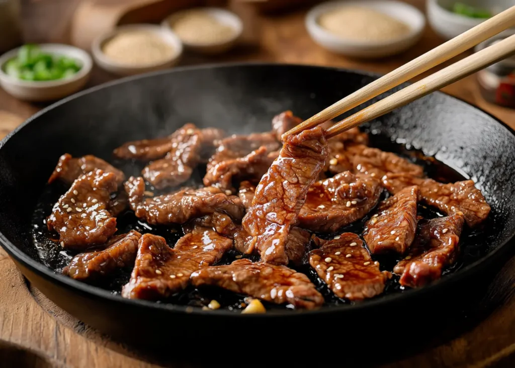 trader joe's bulgogi sizzling in a black cast-iron skillet
