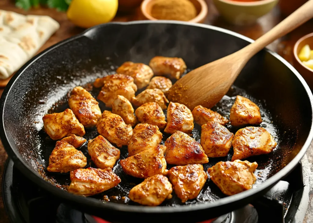 Sizzling Trader Joe's Chicken Shawarma in a cast-iron skillet with visible spices
