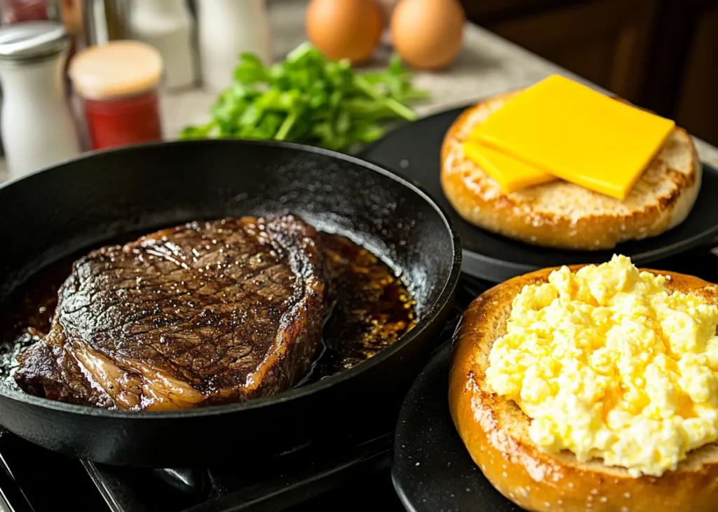Steak, egg, and cheese bagel cooking on a stovetop with no human interaction