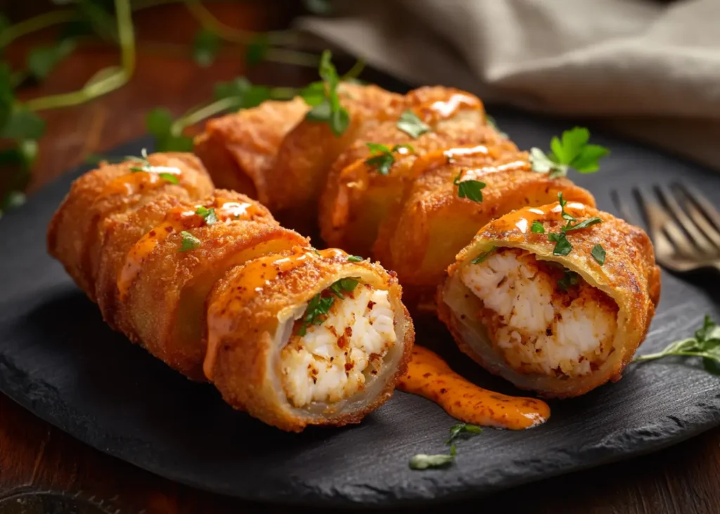 Crab cake egg rolls with creamy remoulade sauce