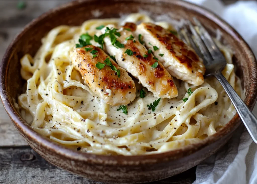 Creamy Garlic Parmesan Chicken Pasta in a bowl with fresh parsley and parmesan garnish