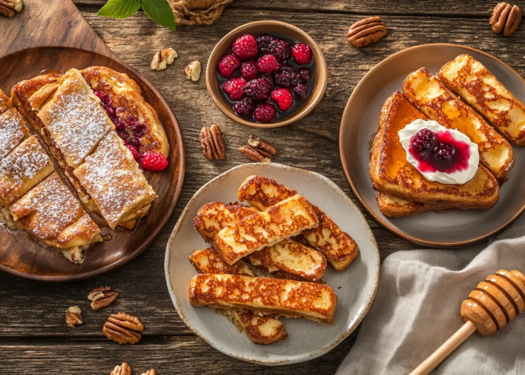 Three variations of sourdough French toast: casserole, sticks, and bagel