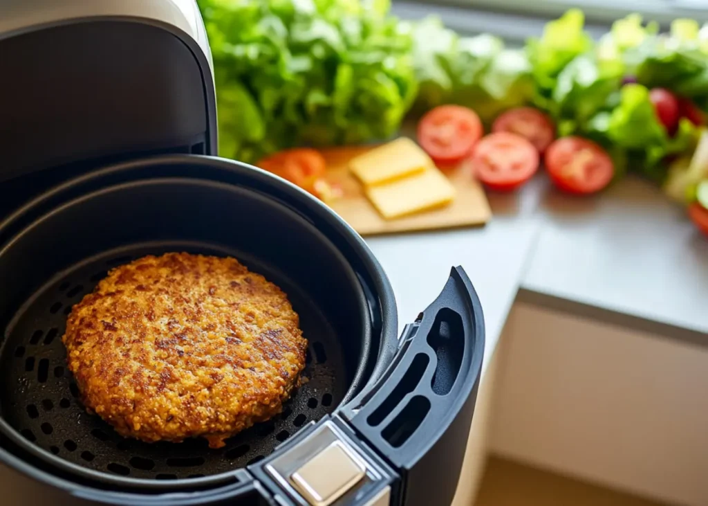 Frozen burger cooking inside an air fryer with crispy texture
