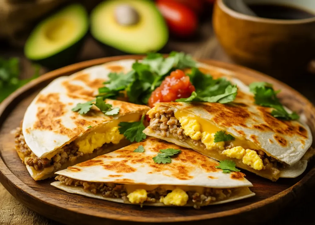 Crispy turkey and egg breakfast quesadilla with melted cheese and salsa
