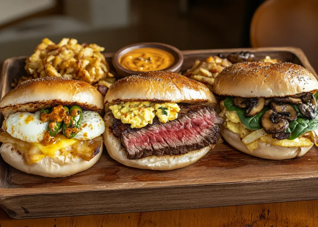Three variations of steak, egg, and cheese bagels on a wooden tray