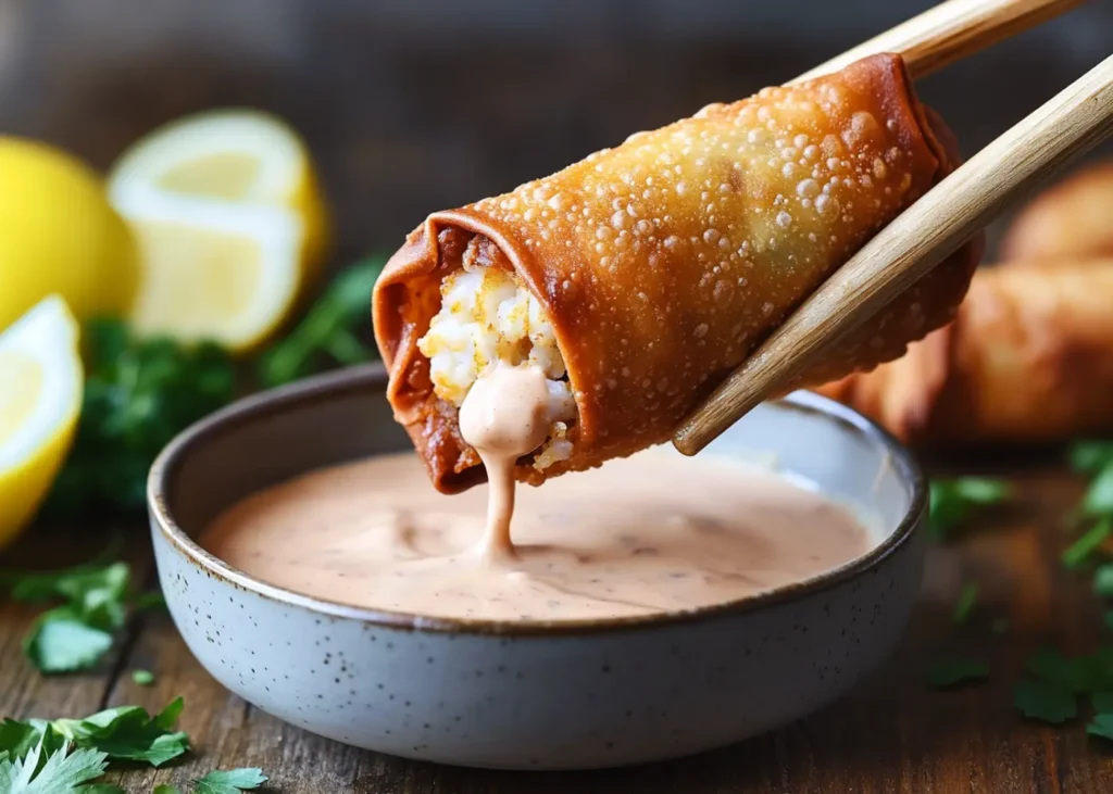 Crab cake egg roll dipped in creamy remoulade sauce