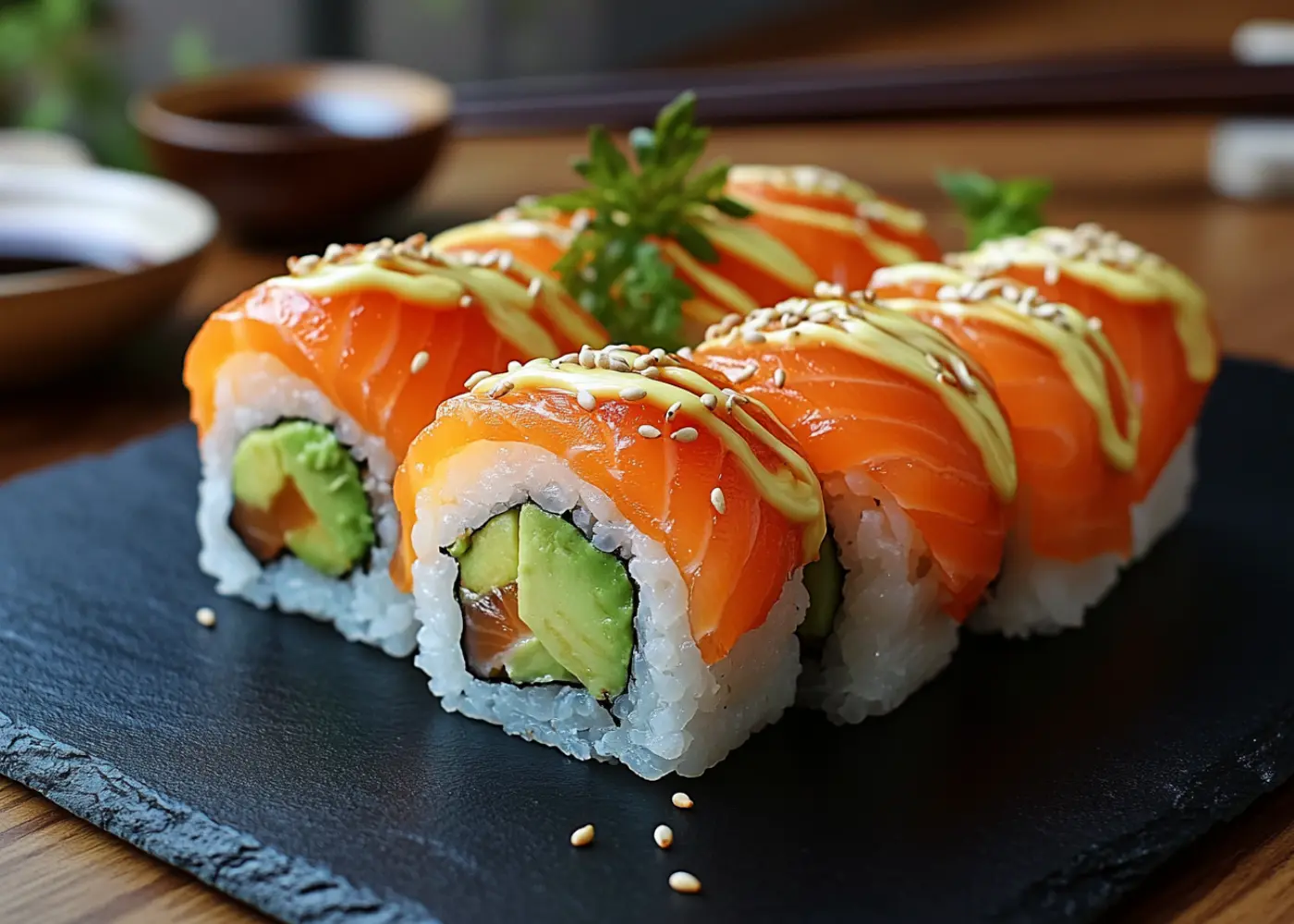 Salmon avocado roll sushi with fresh salmon, avocado, and rice, garnished with sesame seeds and spicy mayo.