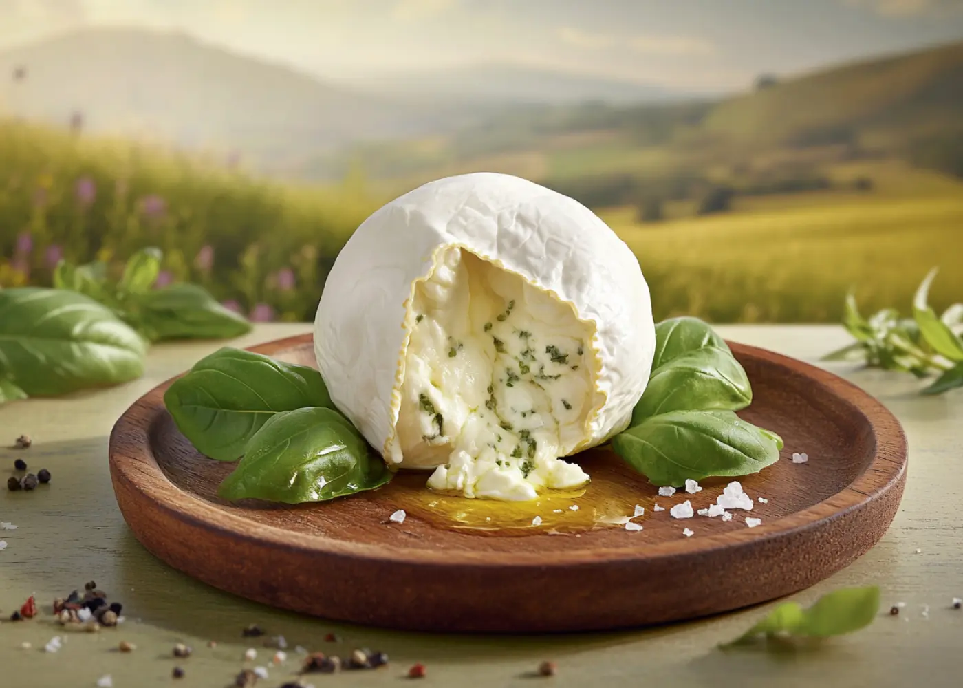A creamy burrata cheese ball drizzled with olive oil and sprinkled with fresh basil.